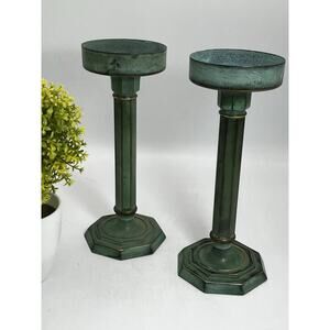 Pr Brass Candlesticks Verdigris Patina Neoclassical Column Vintage Pillar Decor